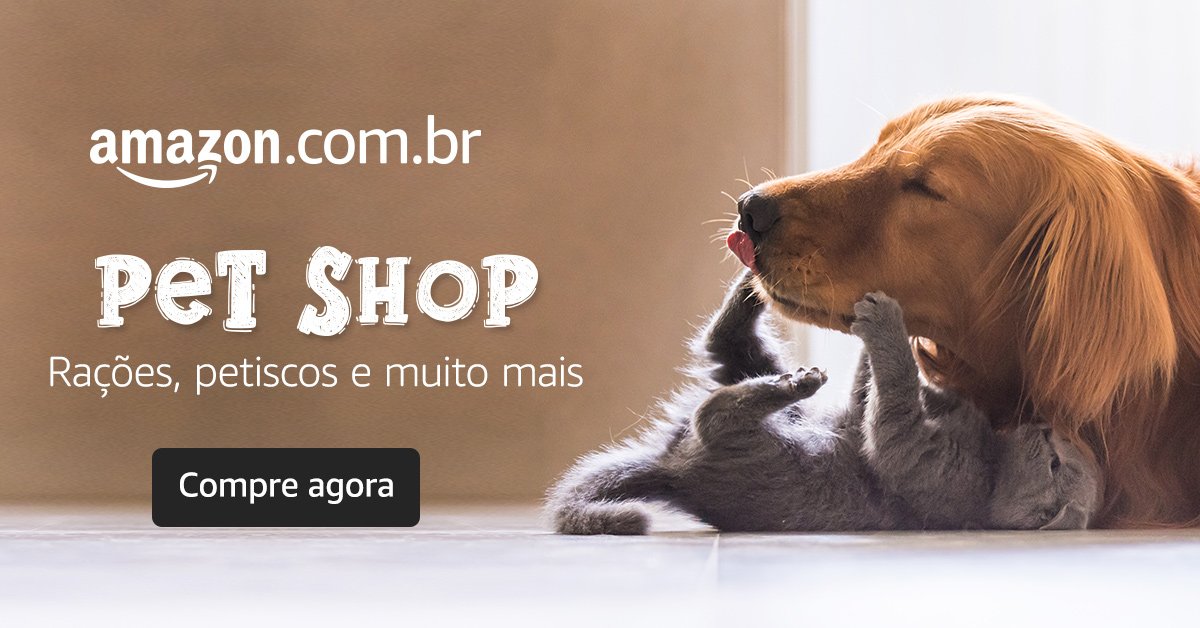 Foto de um cãozinho e um gatinho brincando e um link para nossa loja virtual